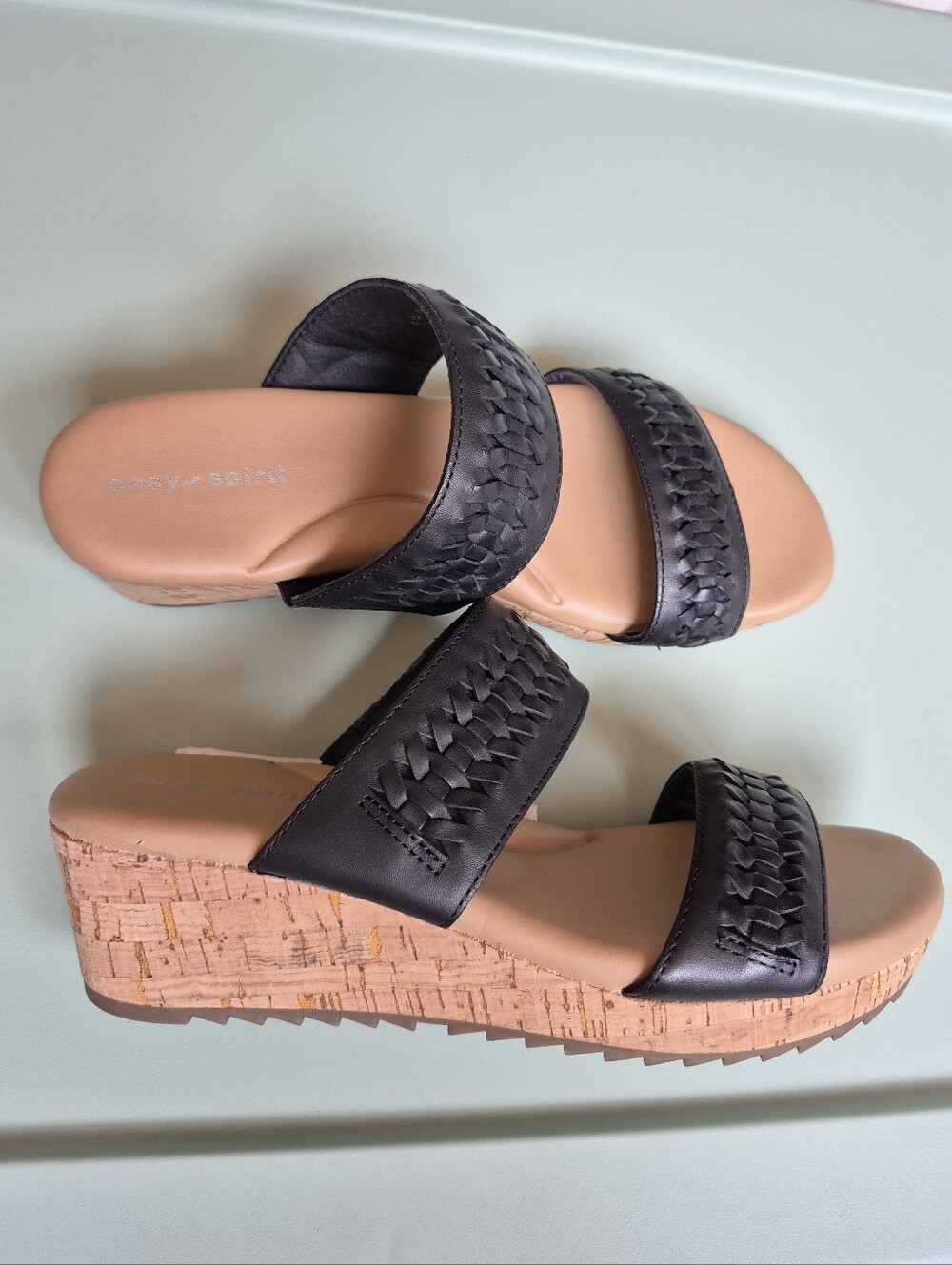 Easy Spirit Selillia black woven leather double strap cork wedge sandals size 6